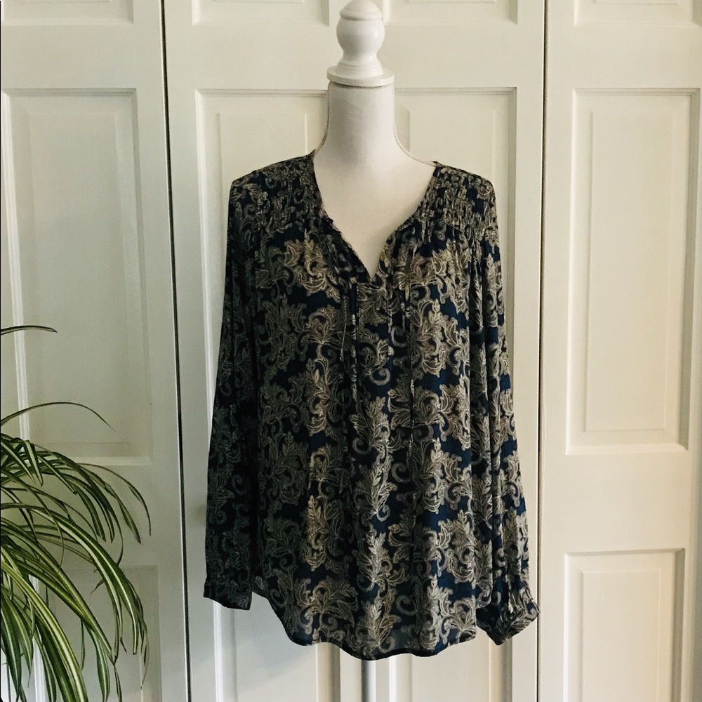 GNW Blue Print Boho Peasant Blouse